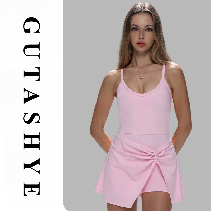 Yoga Fitness Dress - 女性用スパゲッティストラップフェイクツーピースヨガワンピースドレス伸縮性スリムフィットネスワークアウトアスレチックスポーツジャンプスーツ