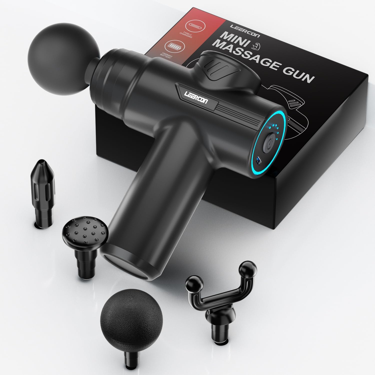Vibration Massage Gun - LEERCONミニマッサージガン、6段階速度調整、4種類のヘッド、ポータブル筋膜ガン、深部組織マッサージ、ジムや旅行時の筋肉疲労緩和、ギフトに最適