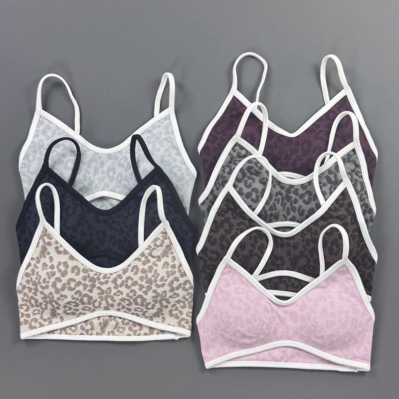 Yoga Fitness Stretching Strap - スポーツブラ女性ヒョウ柄薄型調節可能なストラップブラジャーリブ付き高ストレッチパッド入りクロップトップジムエクササイズヨガフィットネスブラジャー