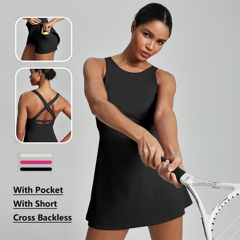 Yoga Fitness Dress - 女性用クロスバックレステニスドレス、ノースリーブヨガワークアウトドレス、ショートパンツとブラ付き、速乾性アウトドアフィットネススカート