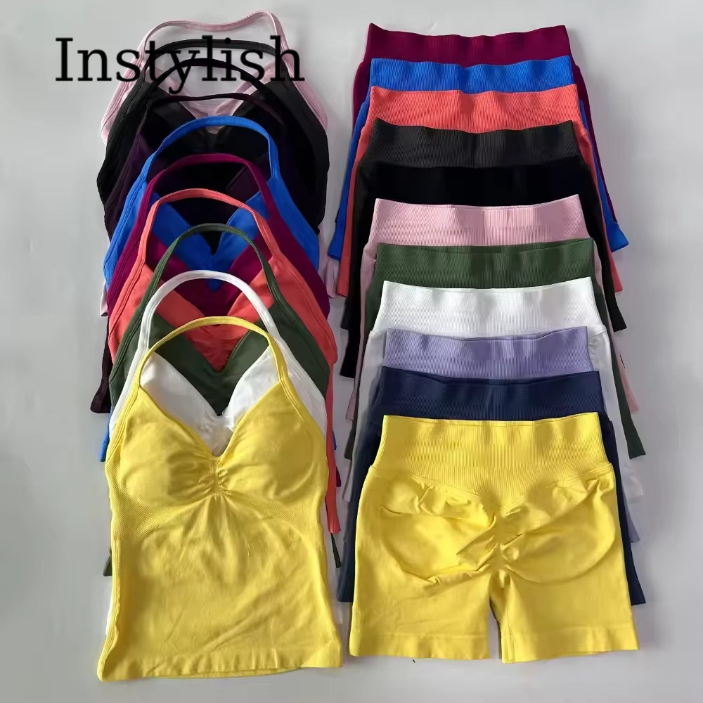 Yoga Fitness Usa - 女性用シームレスヨガ2ピースセット ホルターVネック ルシュドキャミトップ ハイウエストストレッチレギンス ジムワークアウトフィットネスアクティブウェア衣装