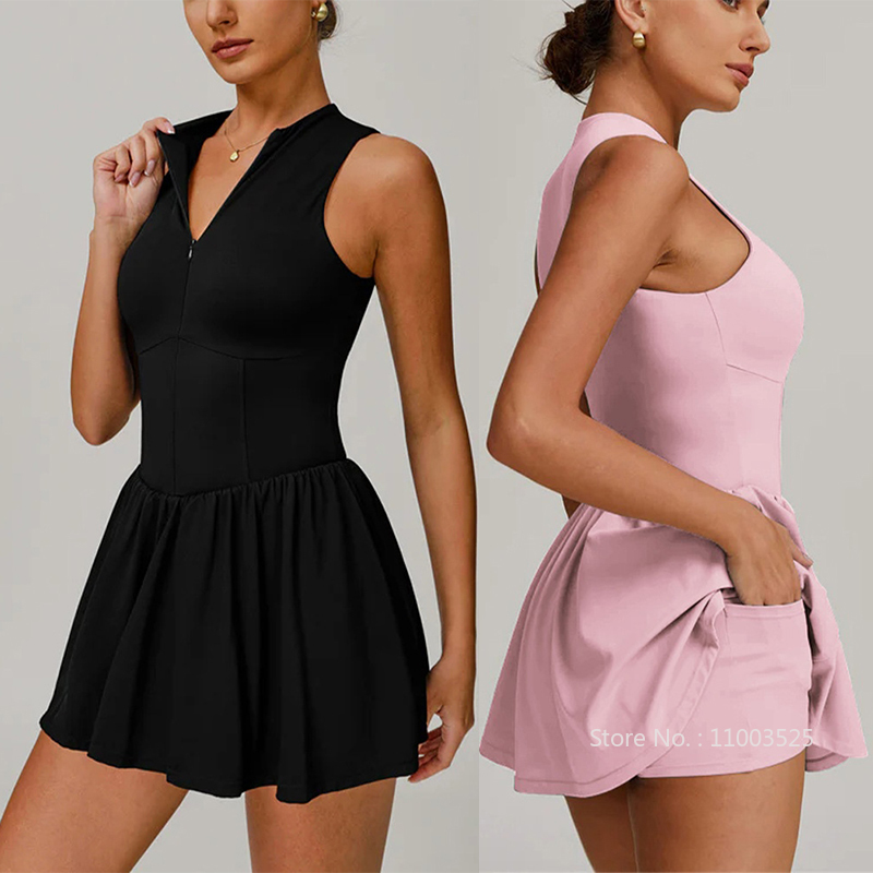 Yoga Fitness Dress - 女性ゴルフバドミントンテニスドレスジッパー襟ノースリーブスポーツドレスレトロヨガフィットネススカートレジャースコートインナーショート