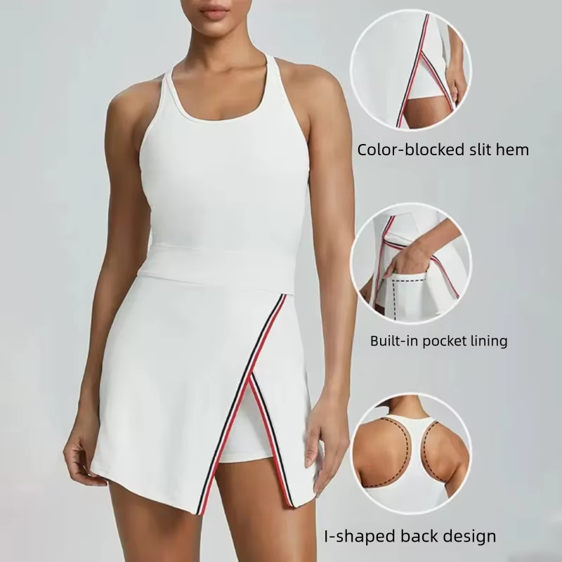 Yoga Fitness Dress - コントラストカラーのジム用アンチエクスポーズボトムス、スポーツ、アウトドア、ランニング、フィットネス、テニススカート、胸パッド付き、女性用ゴルフドレス