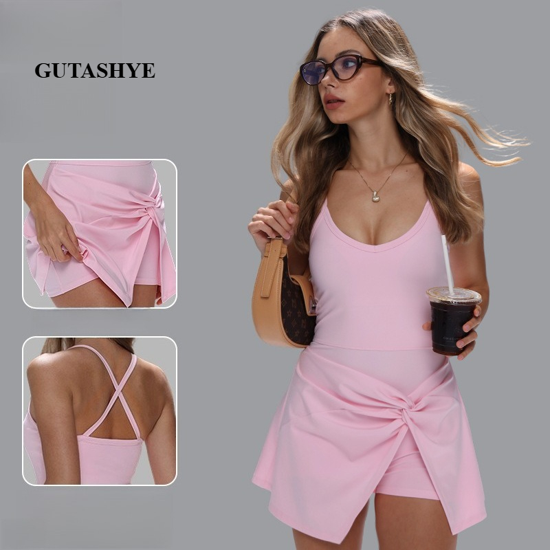 女性用スパゲッティストラップフェイクツーピースヨガワンピース - Yoga Fitness Dress のレビューと価格