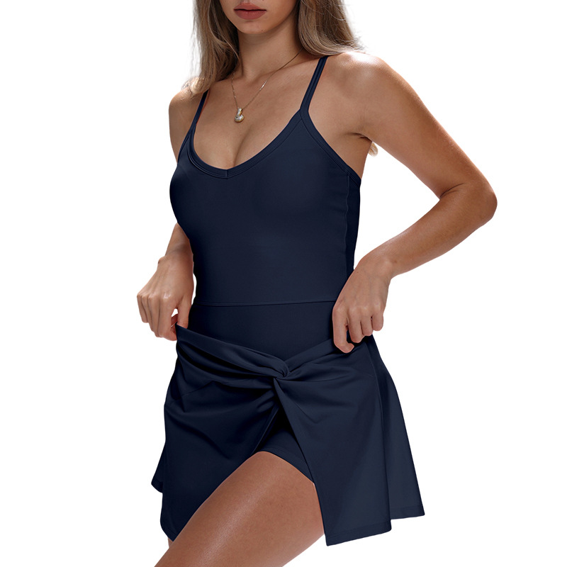 女性用スパゲッティストラップフェイクツーピースヨガワンピース - Yoga Fitness Dress のレビューと価格