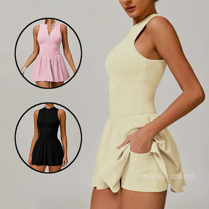 女性ゴルフバドミントンテニスドレスジッパー襟ノースリーブスポ - Yoga Fitness Dress のレビューと価格
