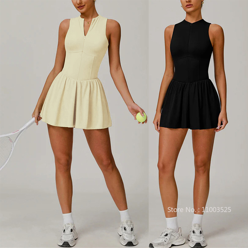 女性ゴルフバドミントンテニスドレスジッパー襟ノースリーブスポ - Yoga Fitness Dress のレビューと価格